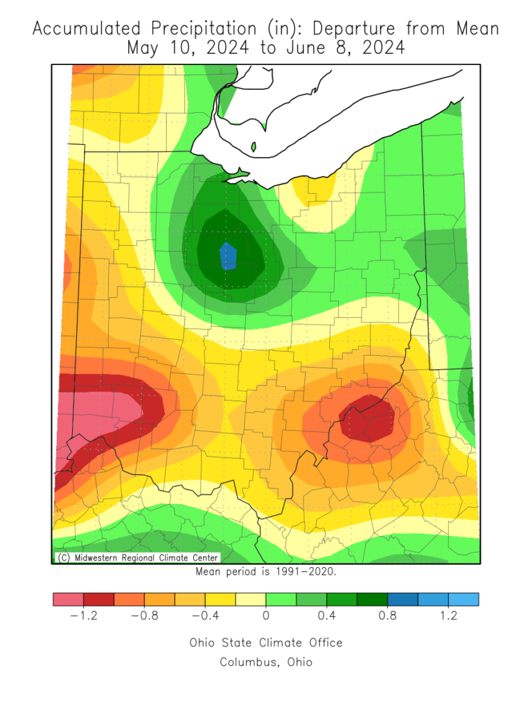 Accumulated Precipitation Departure from Mean May 10, 2024 to June 8, 2024